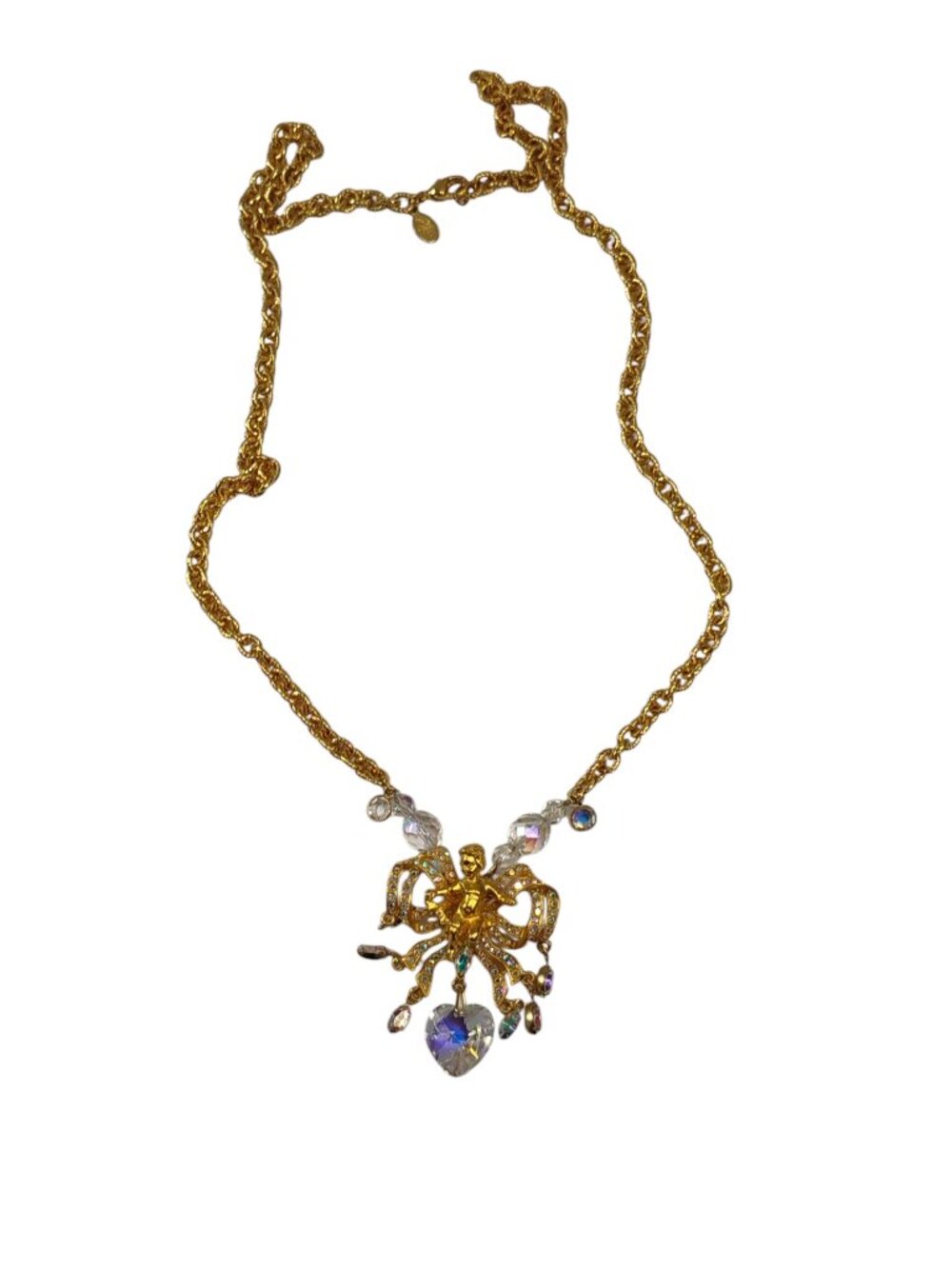 KIRKS Folly Vintage Gold Tone Necklace Angle Rhinestone Heart Pendant Charm